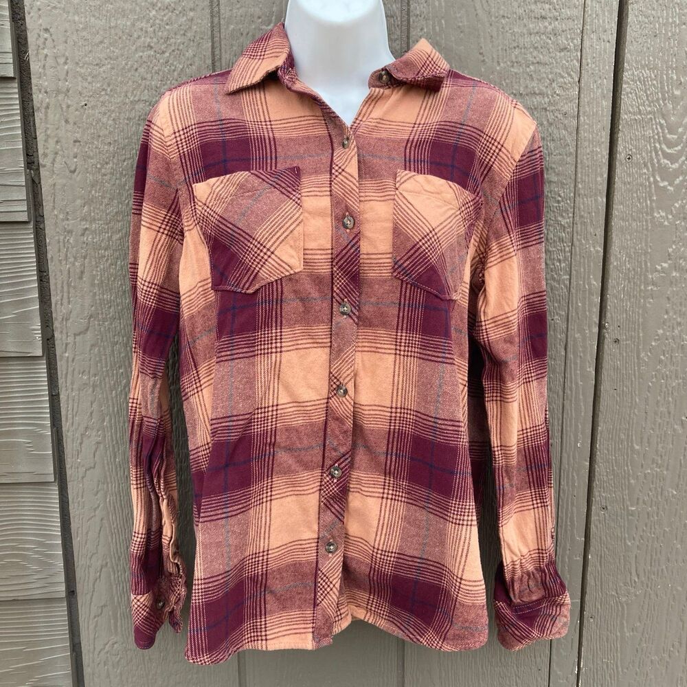 ladies Natural Reflections Flannel Button-Down Long-Sleeve Shirt Cork Plaid - S